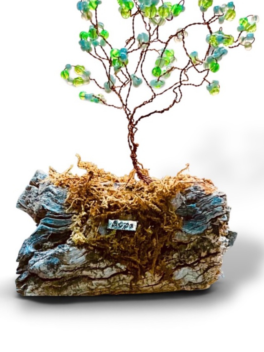 Custom Copper “Hope Tree” with Semi Translucent Leaves on Aged Moss Base